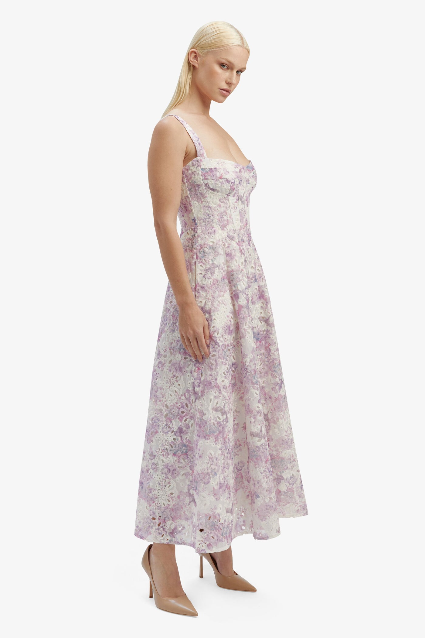 Adaline Broderie Midi Dress - Lilac Floral