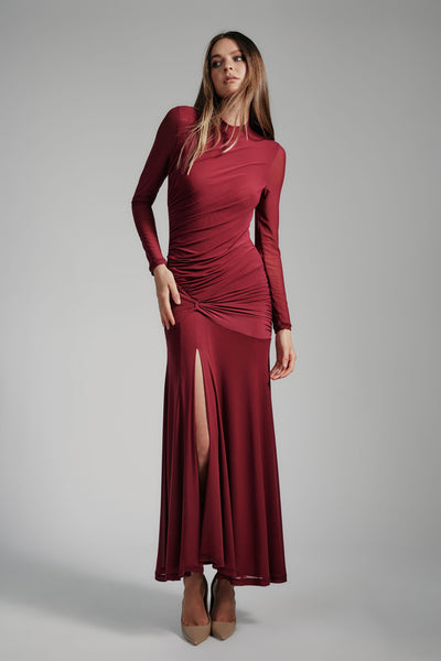 Liyana Ruched Mesh Dress - Berry