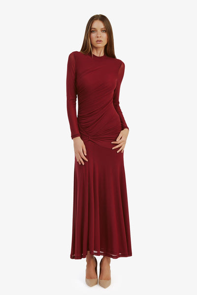 Liyana Ruched Mesh Dress - Berry