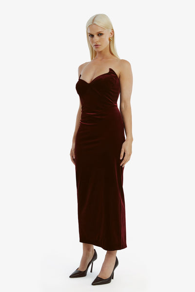 Camellia Velour Midi Dress - Burgundy