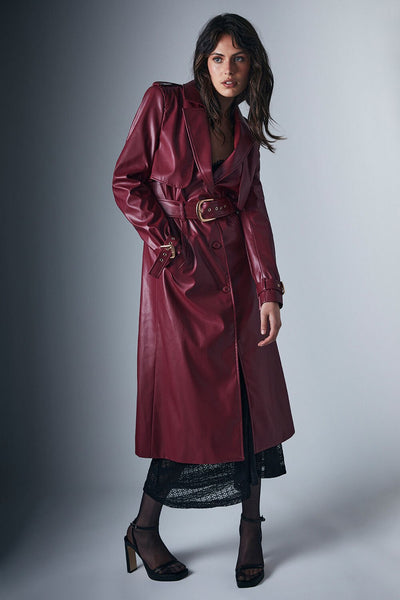 Vegan Leather Trench Coat - Burgundy - SHOPJAUS - JAUS