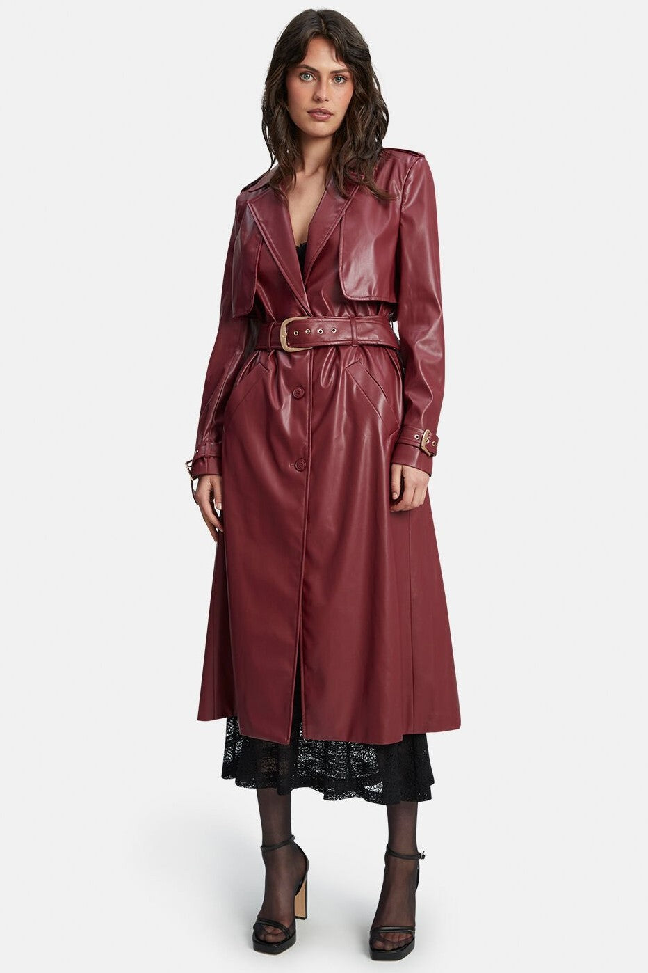 Vegan Leather Trench Coat - Burgundy - SHOPJAUS - JAUS