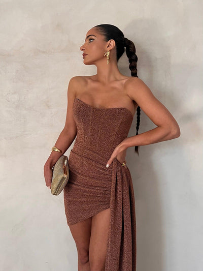 Alia Mini Dress - Bronze Gold Foil - JAUS