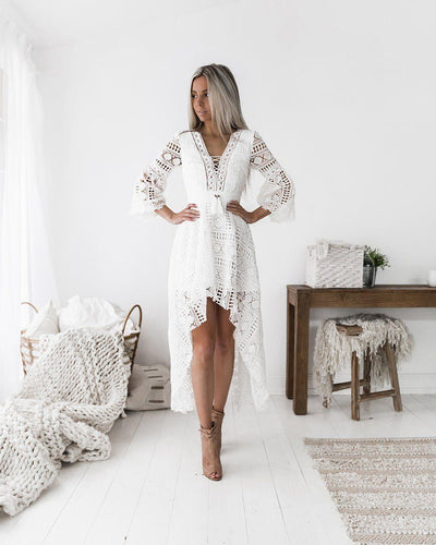 Boho High Low Dress - White - SHOPJAUS - JAUS