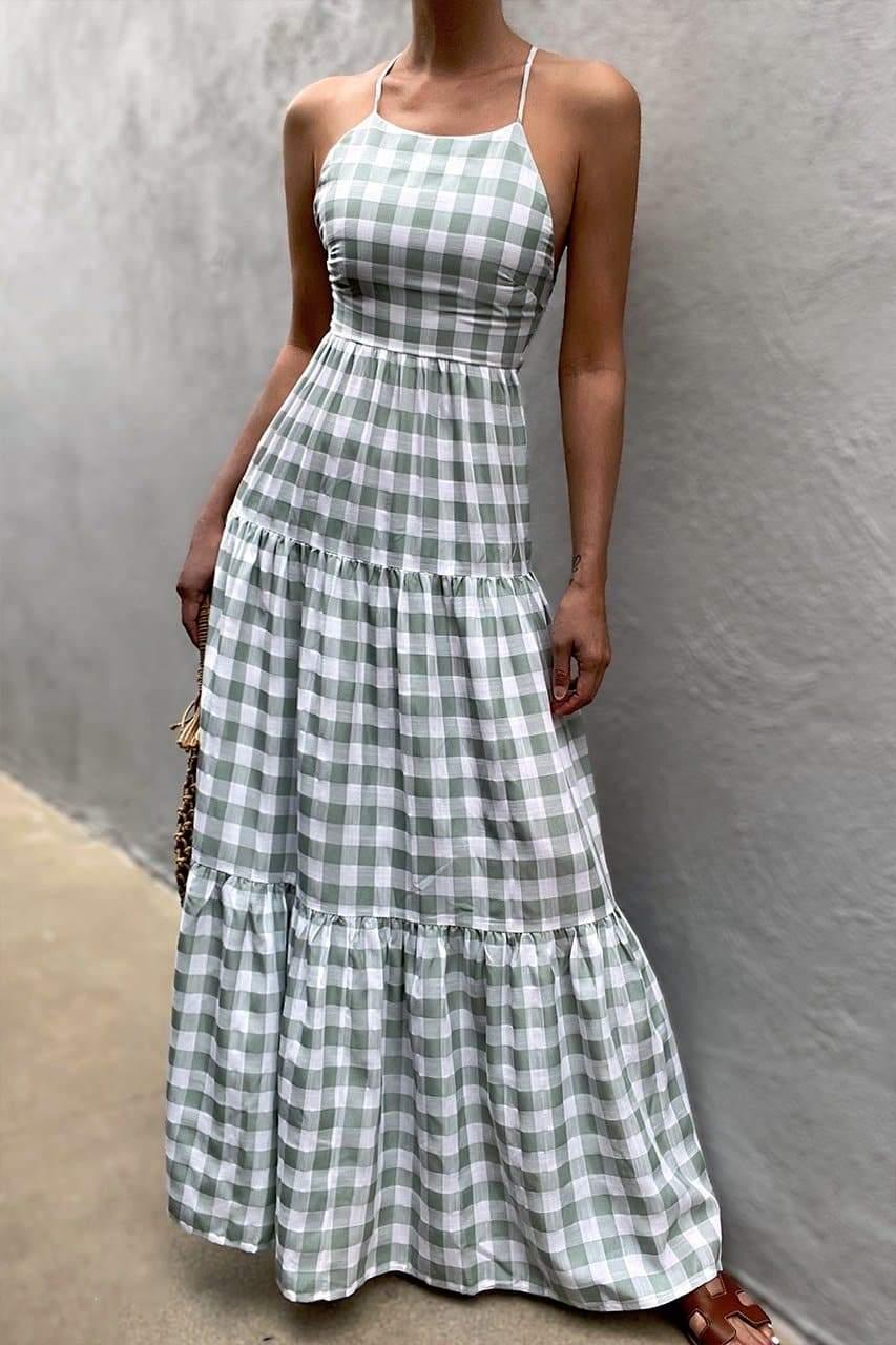 Chelsea Maxi Dress - Sage Check - JAUS