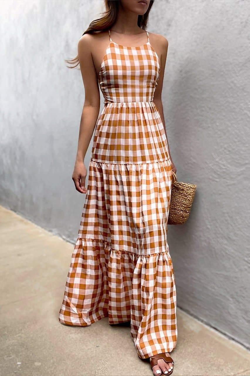 Chelsea Maxi Dress - Tan Check - JAUS