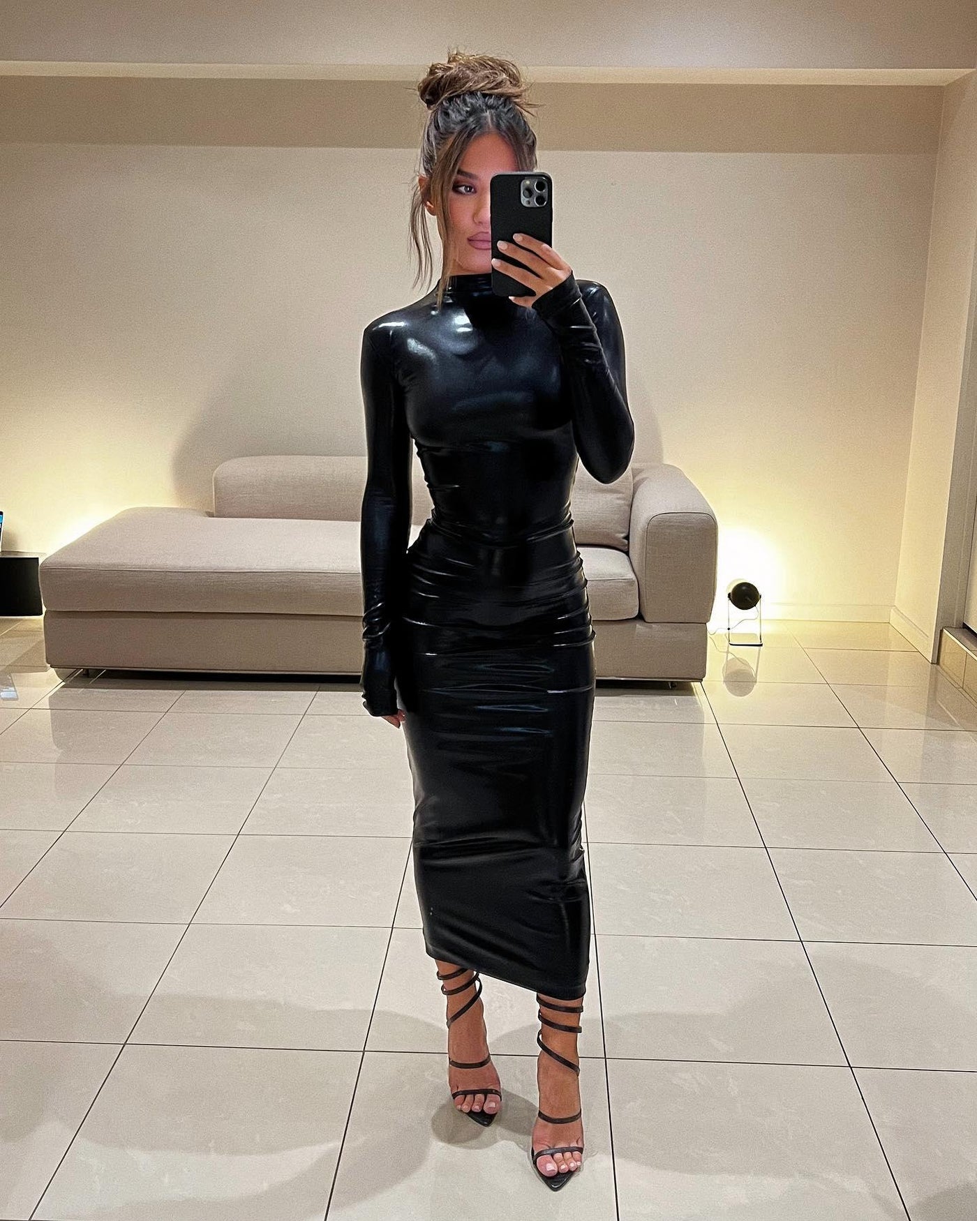 Gia Midi Dress - Black Wetlook - JAUS