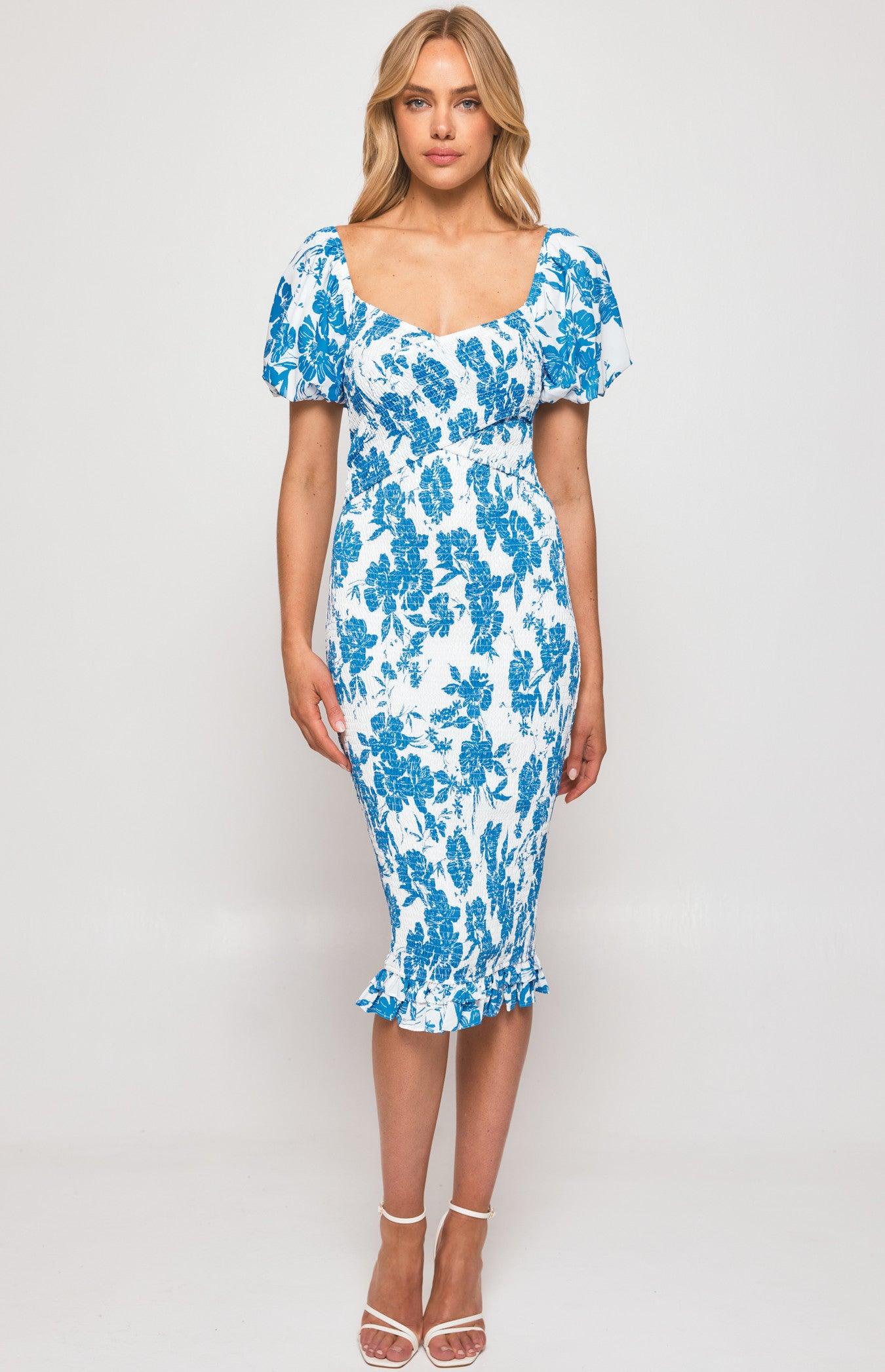 Gia Shirred Midi Dress - Blue - JAUS