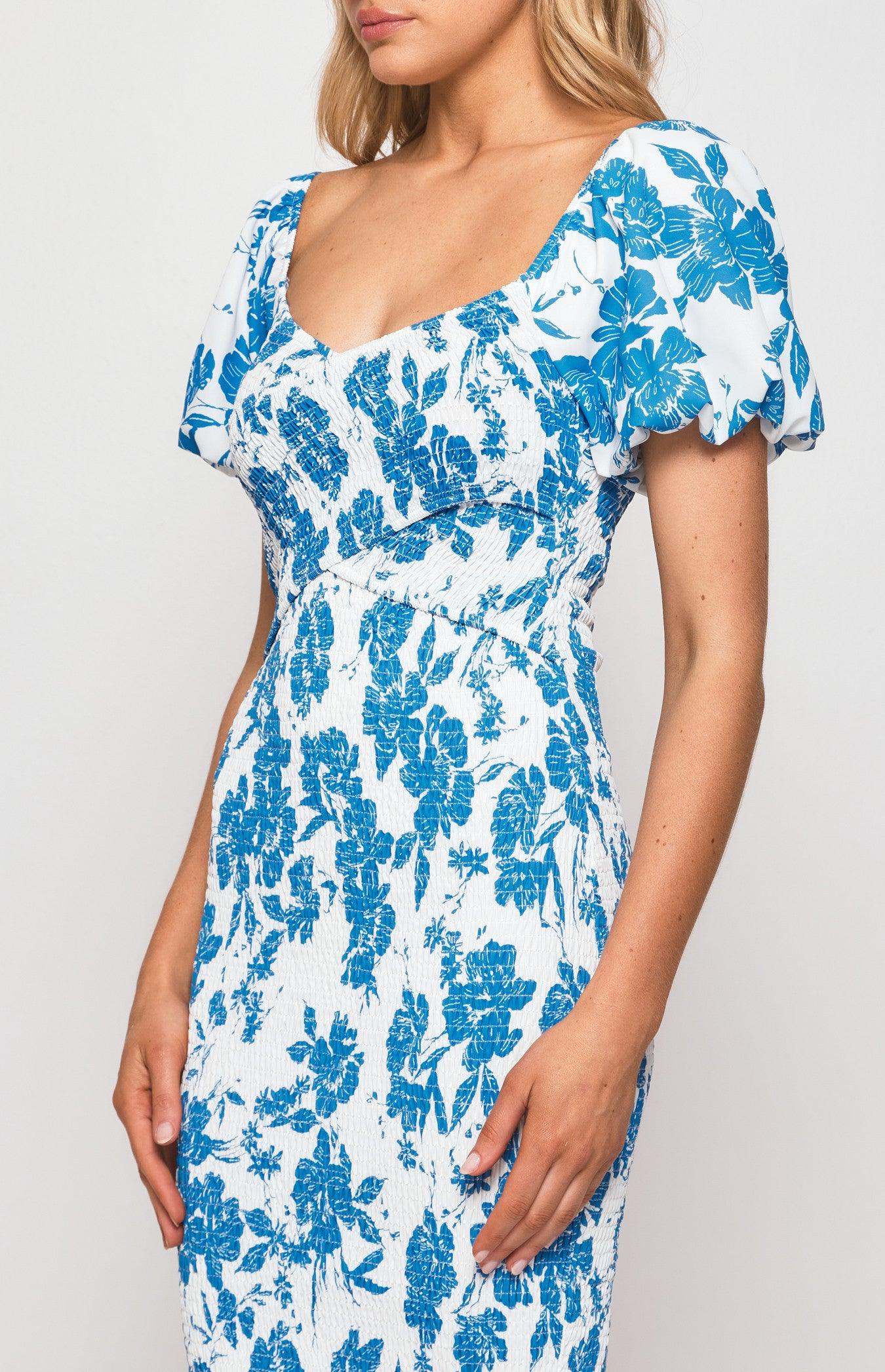 Gia Shirred Midi Dress - Blue - JAUS