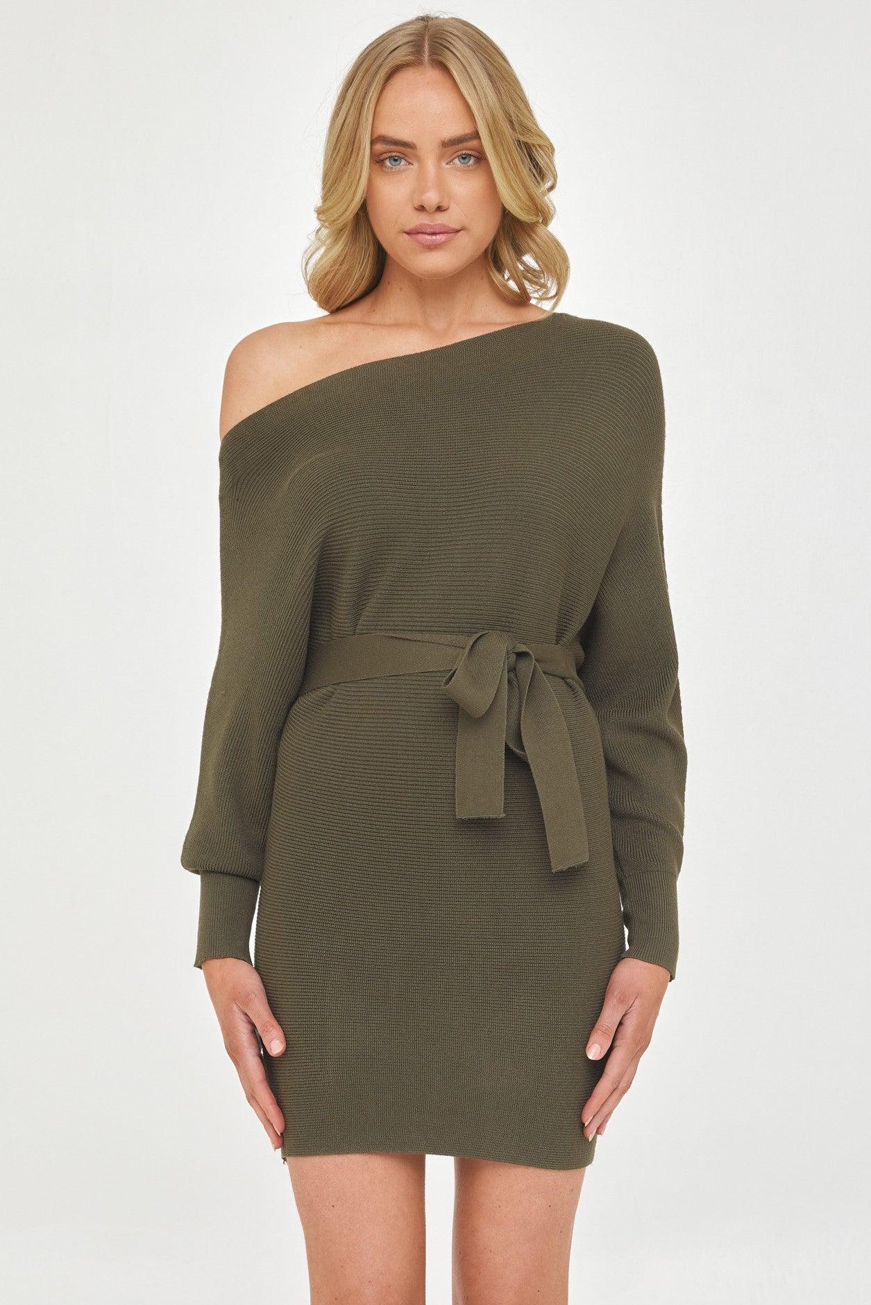 Mia Off Shoulder Knit Dress - Olive - JAUS