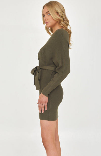 Mia Off Shoulder Knit Dress - Olive - JAUS