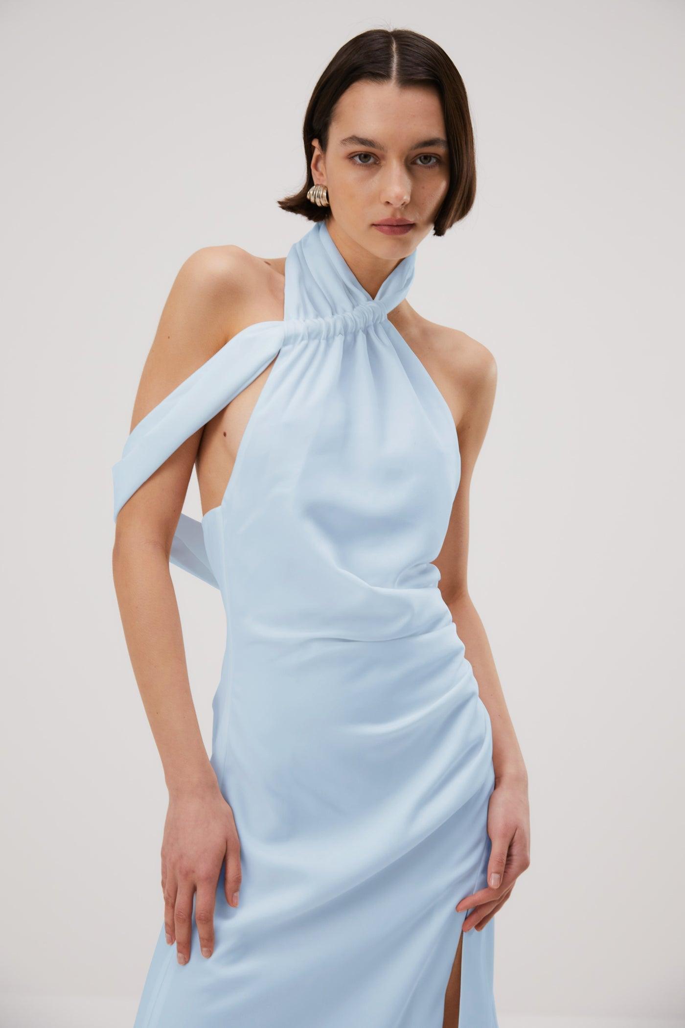 Misha Della Satin Midi Dress - Sky Blue - JAUS