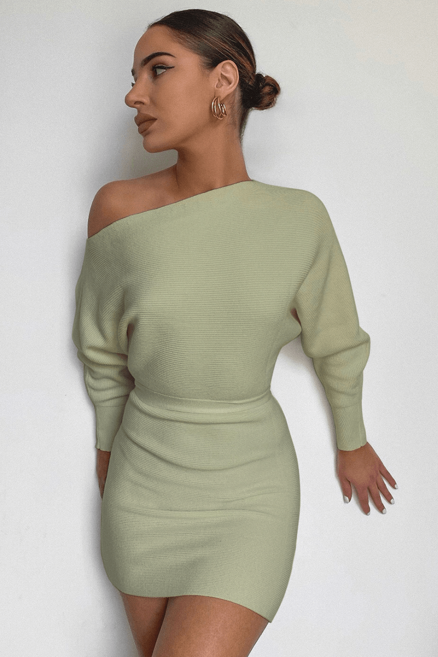 One Shoulder Knit Dress - Sage - JAUS