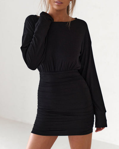 Open Back Long Sleeve Mini Dress - Black - JAUS