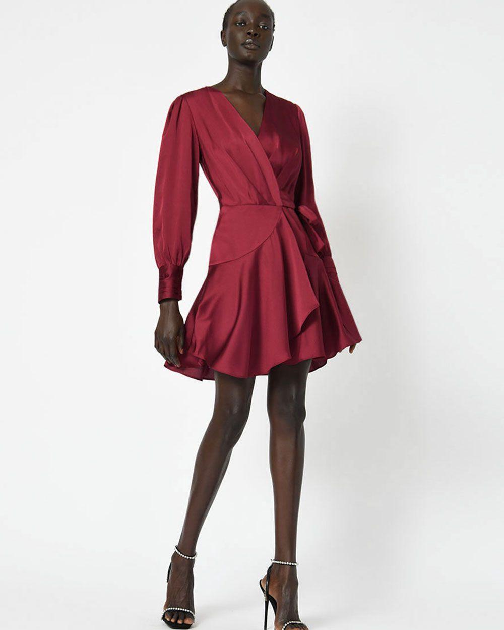 Pena Long Sleeve Wrap Dress - Ruby - JAUS