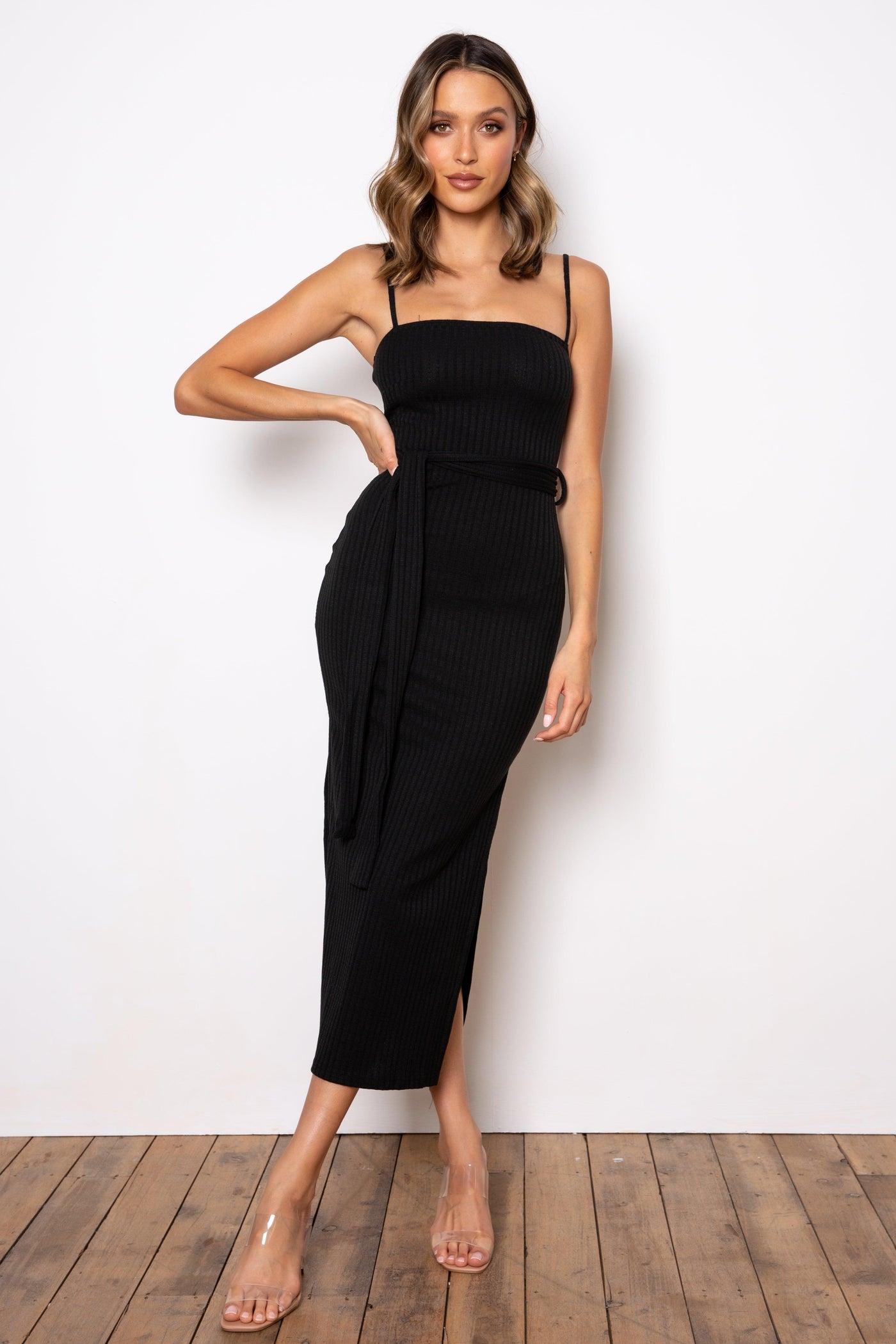 Rib Midi Dress - Black - JAUS